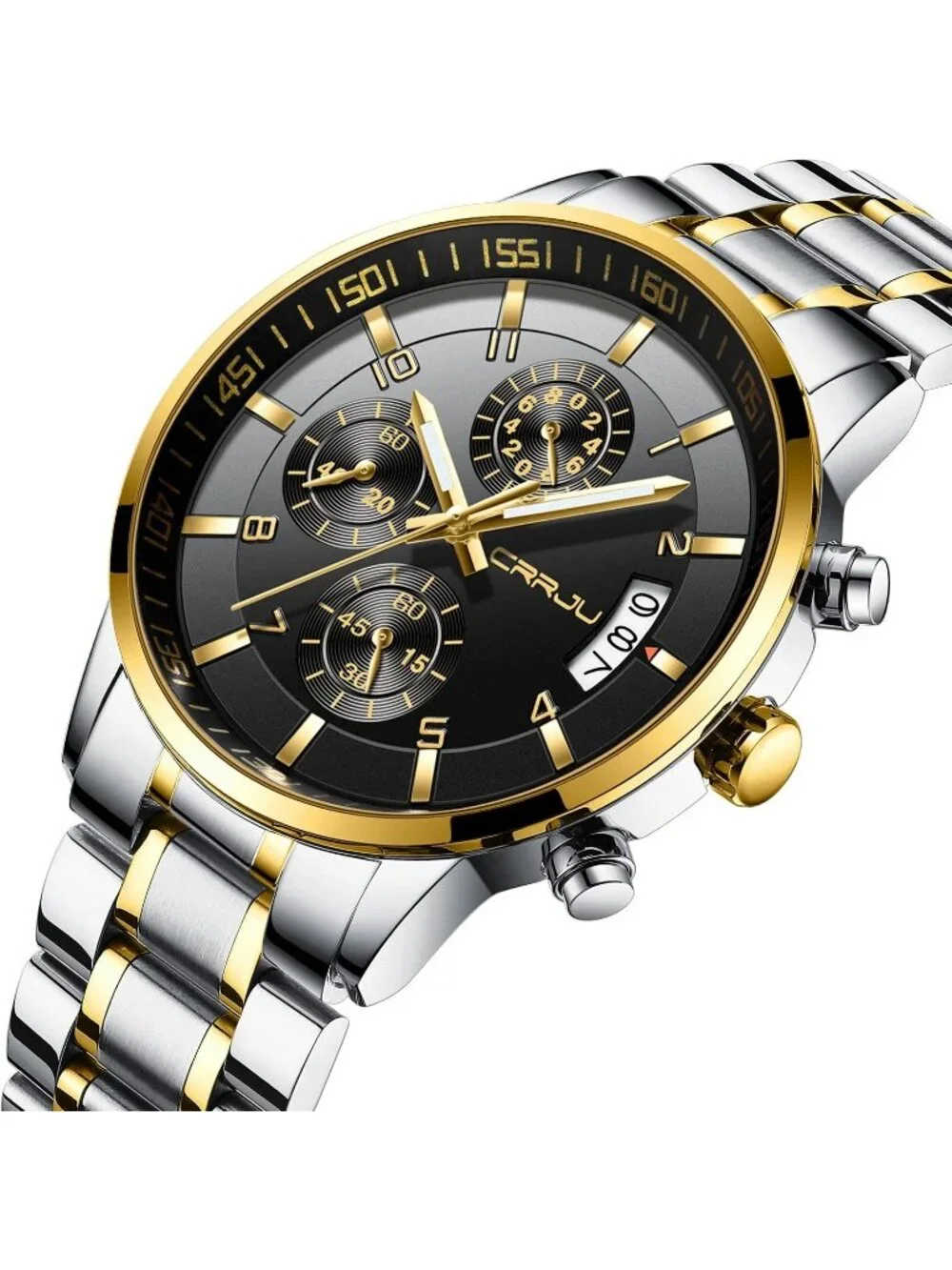 Mens Silver And Black Analog Stainless Steel Waterproof Chronograph Wrist Watch
